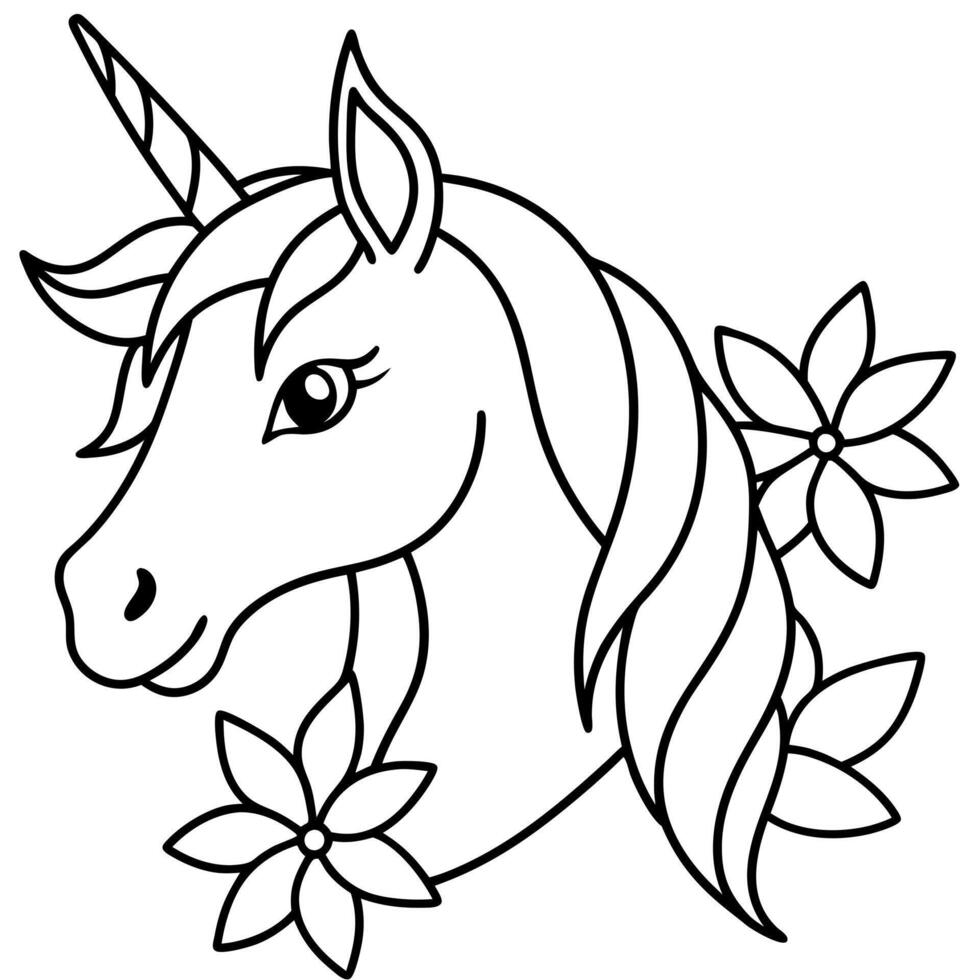 a simple outline of a unicorns head in profile, with a sleek mane and a gracefully curved horn the vector