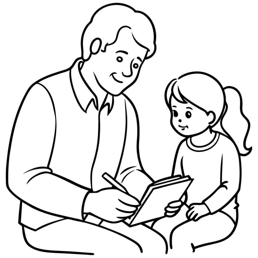 daddys writing in his notebook daughters sitting next to him, illustration line art vector