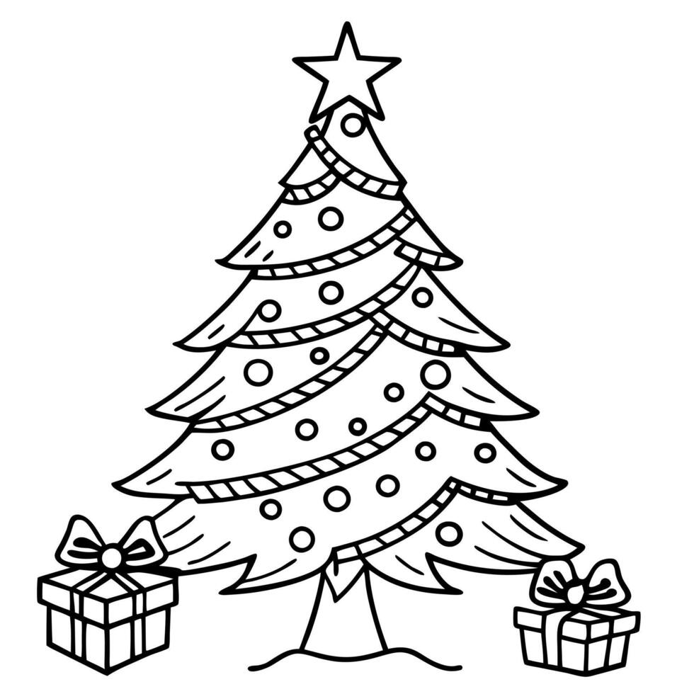 a christmas tree with presents and a star on top, illustration line art vector