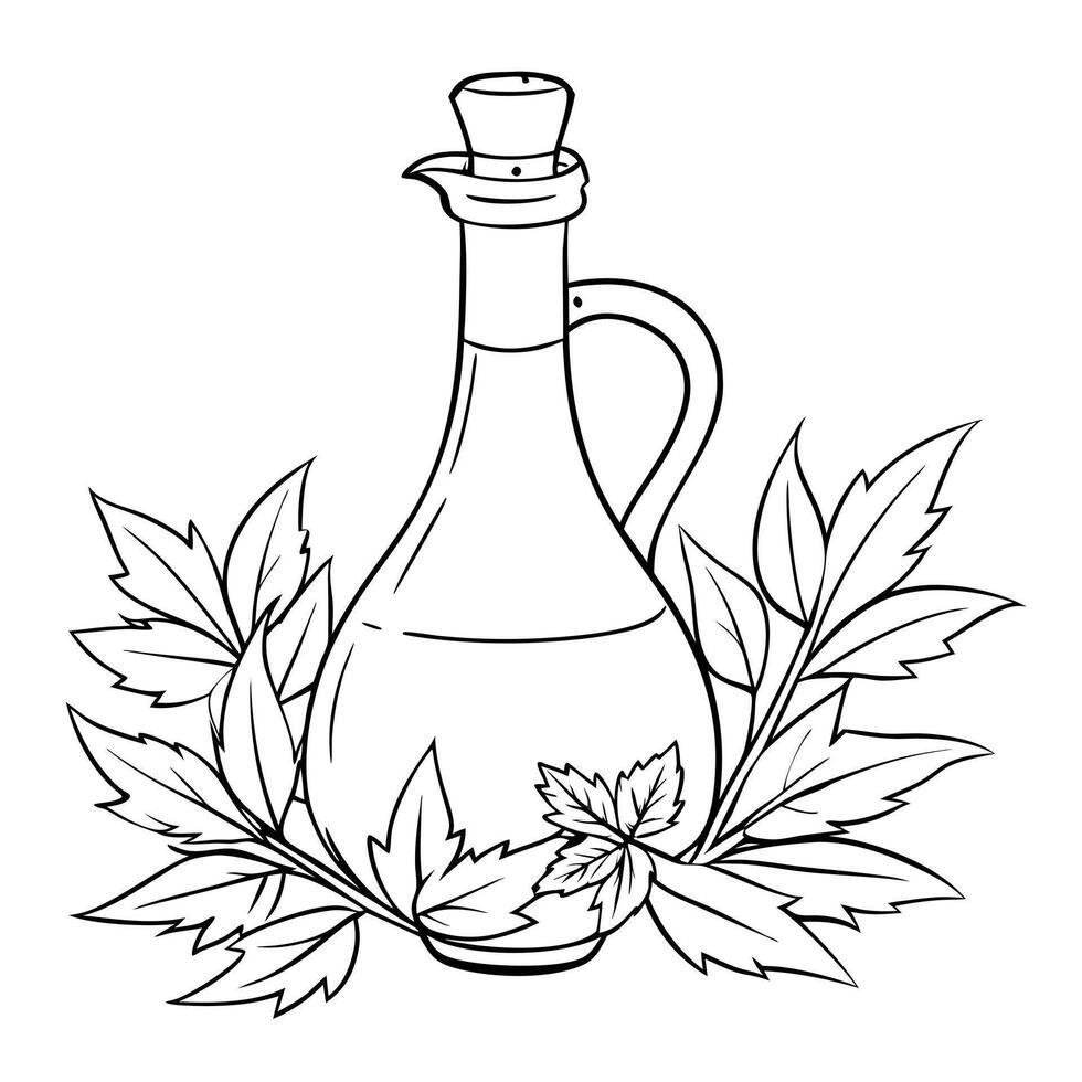 elegant oil bottle bottle and leaves abyssinian mustard, illustration line art vector