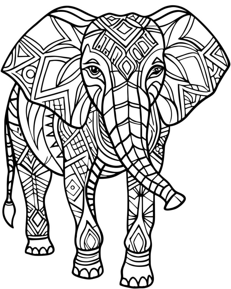 an intricate line art illustration of a elphant walking filled with detailed patterns and vector