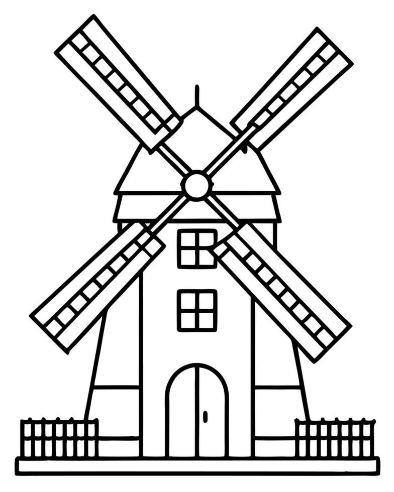 a dutch windmill house, illustration line art vector