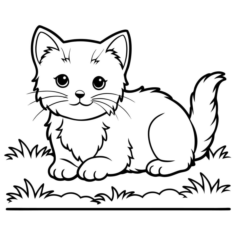 a kitten lying on the grass, illustration line art vector