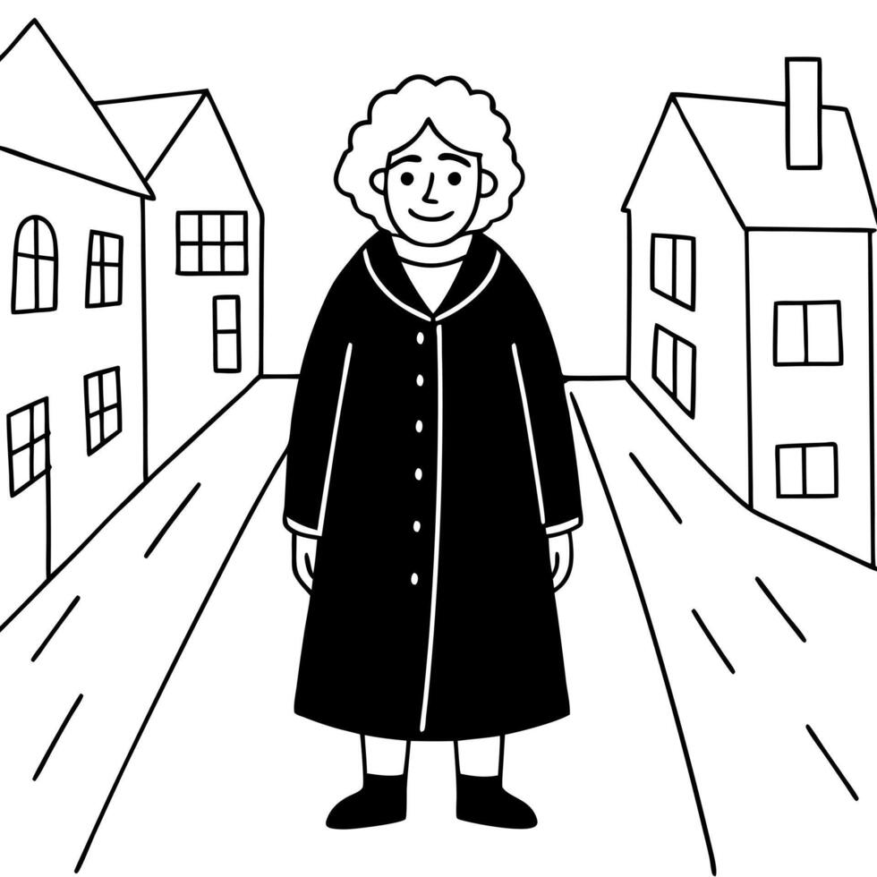 a grandmother in a black raincoat with gray hair stands in the middle of a narrow street with vector