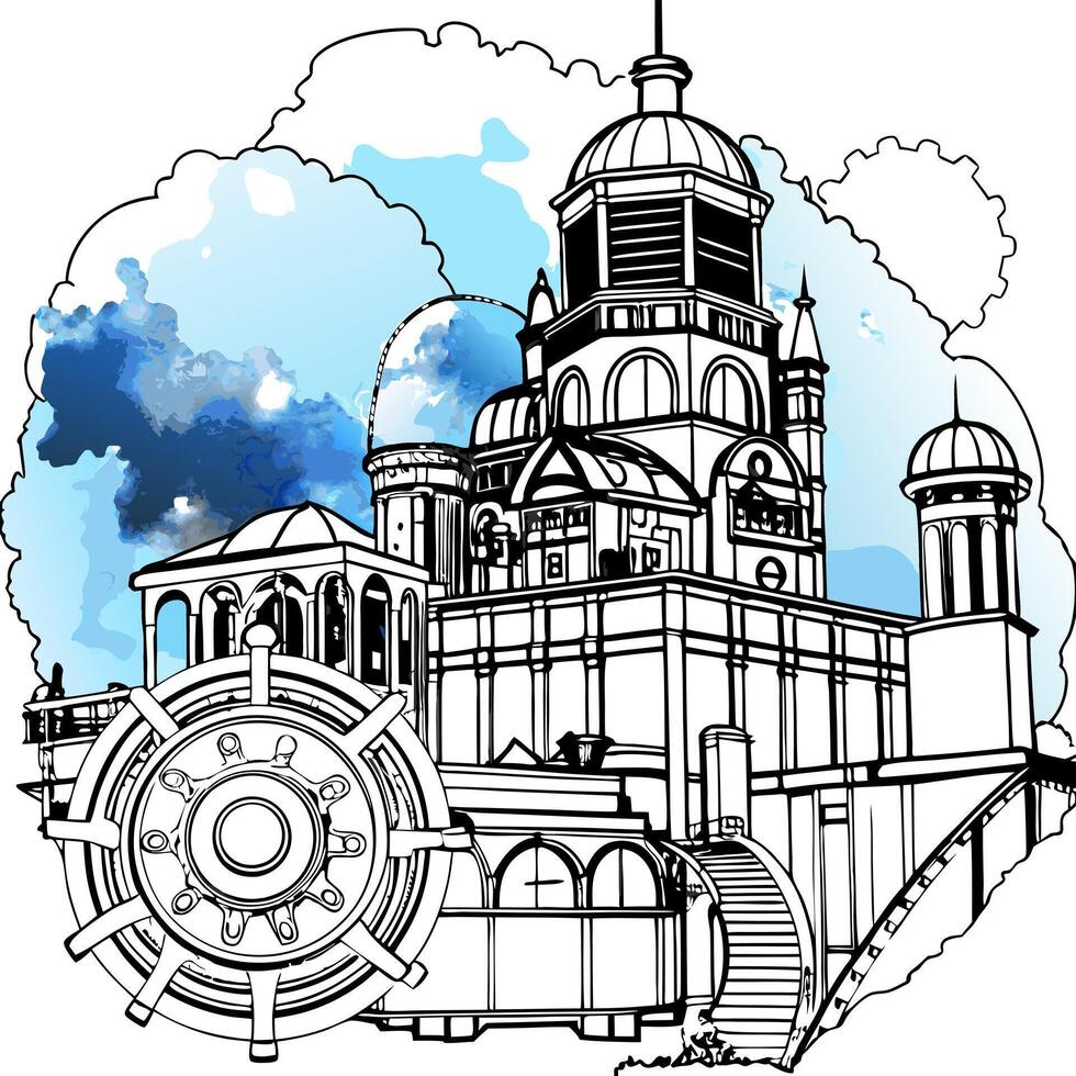 a dynamic visual experience of a half-finished drawing of a steampunk dark academia new york vector
