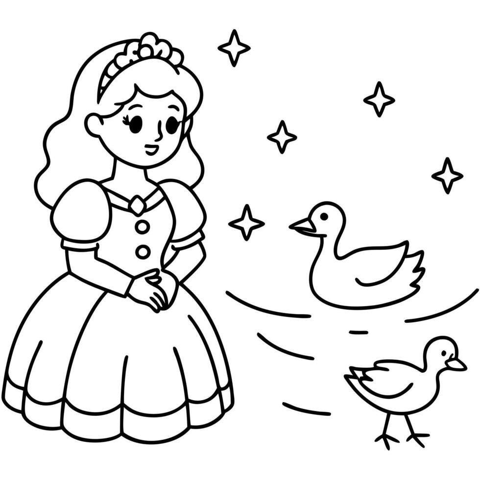 a princess feeding ducks at a sparkling pond, illustration line art vector