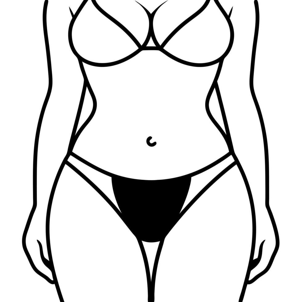 womens hips front view in micro bikini, illustration line art vector