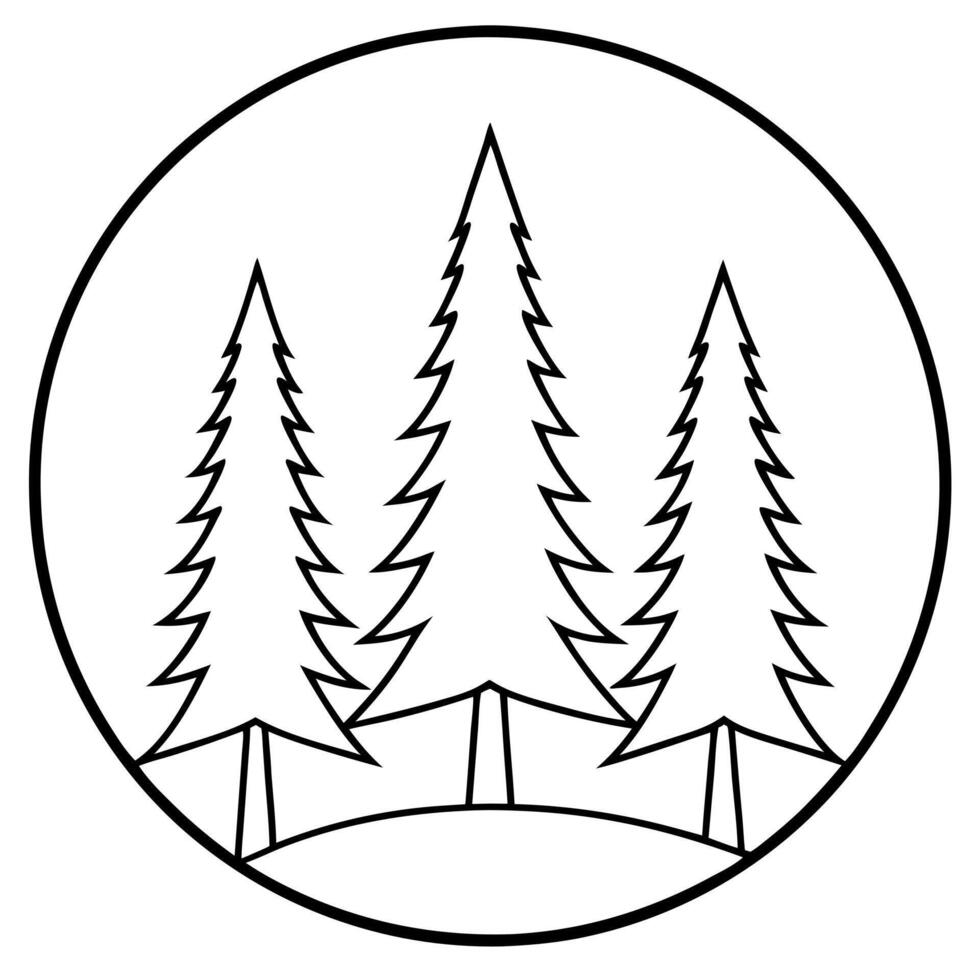 trees conifers on sides inside circular outline, simplistic, minimalistic, black and white, vector