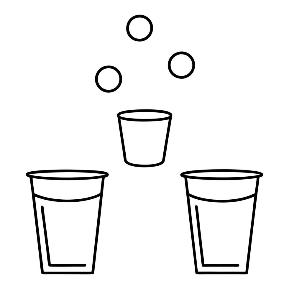 beer pong, ball flies into a glass, there are 3 glass, illustration line art vector