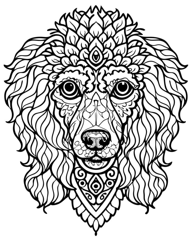 an intricate line art illustration of a poodles head filled with detailed patterns and geometric vector
