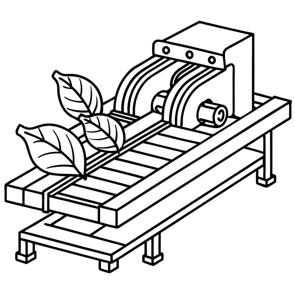 freshly sliced bacon and mint leaves on a conveyor belt, surrounded by stainless steel machinery, vector