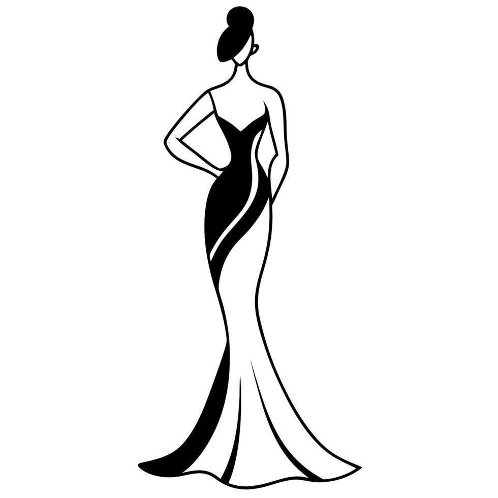 silhouette di modella molto magra con vestito da sera, illustration line art vector