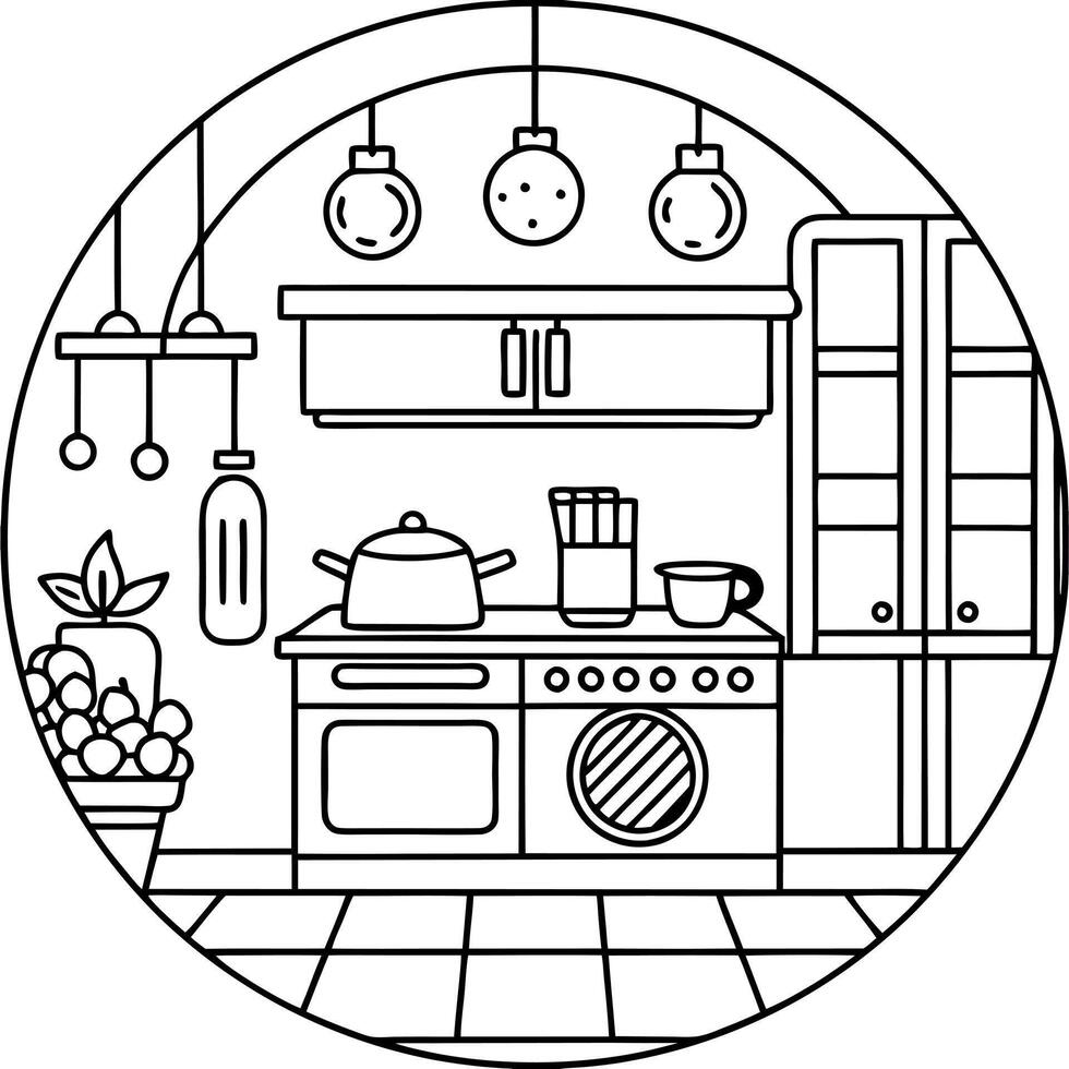 this is for a colouring book page, cozy kitchen, the image should clear outlines black and white vector