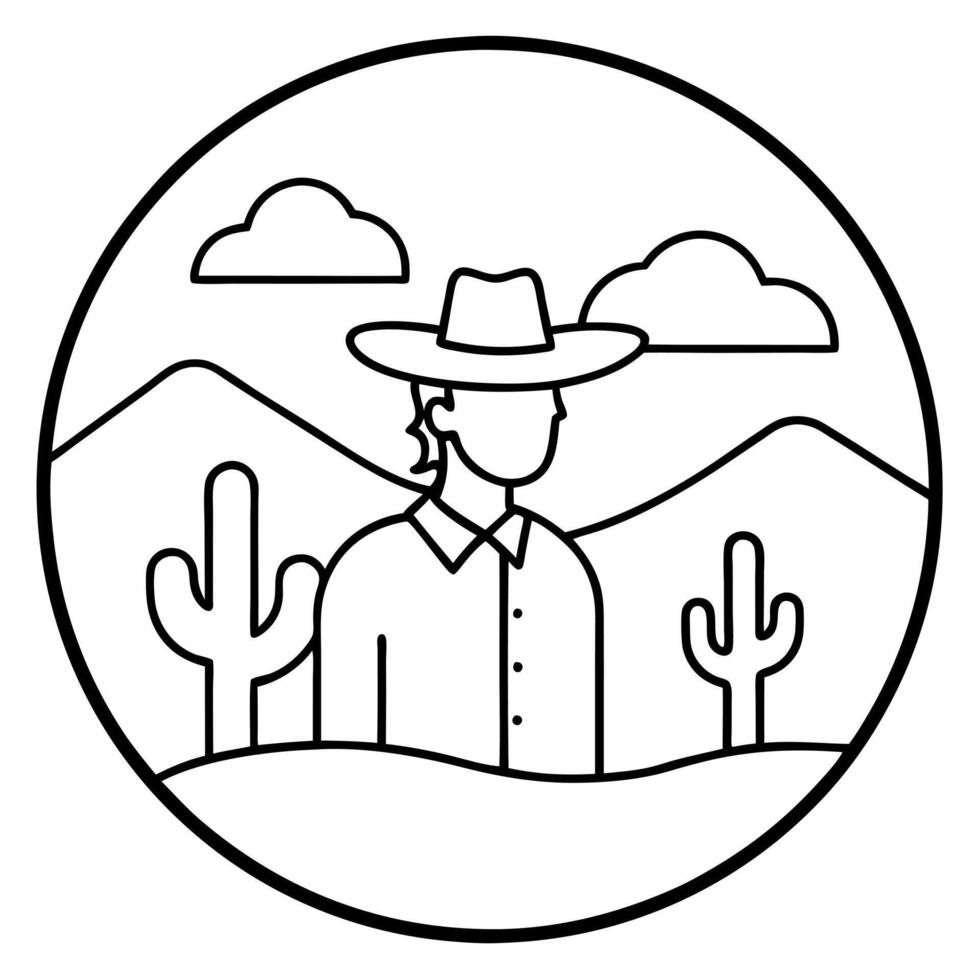 a lonely cowboy in a desertic landscape, a minimalistic logo, illustration line art vector