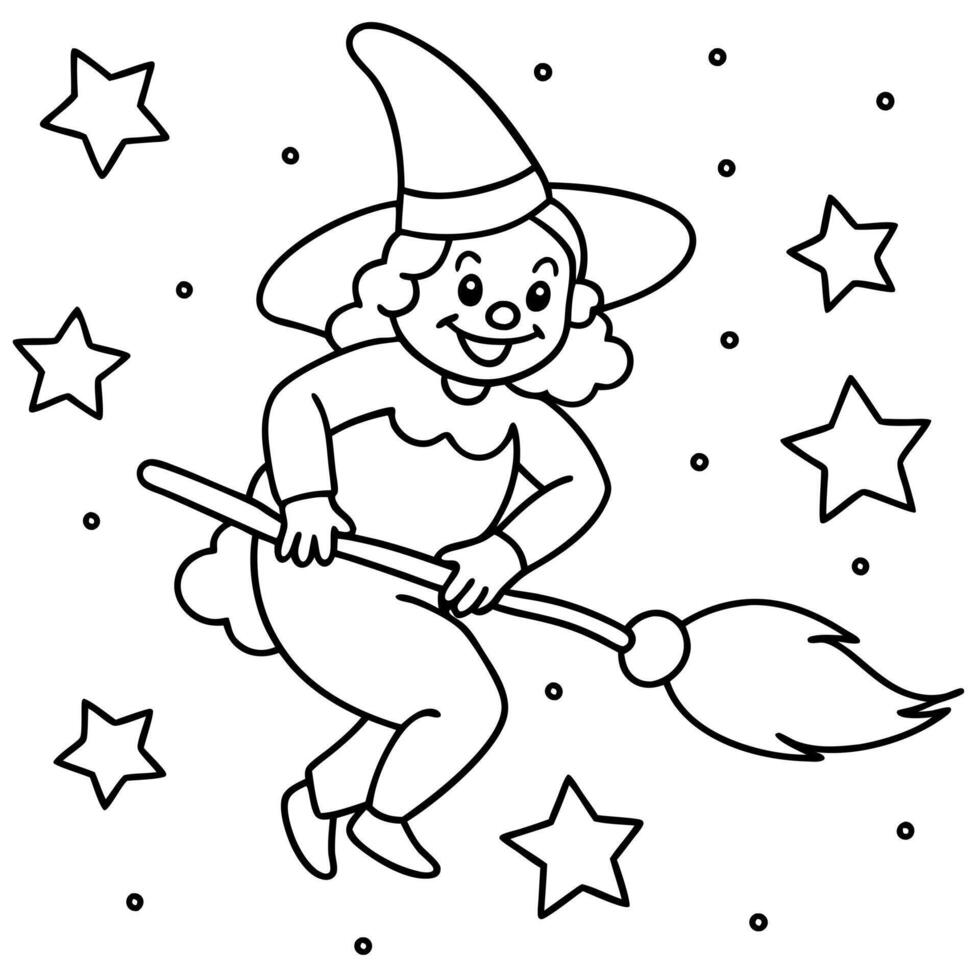 a cheerful witch flying on a broomstick with a starry night sky, illustration line art vector