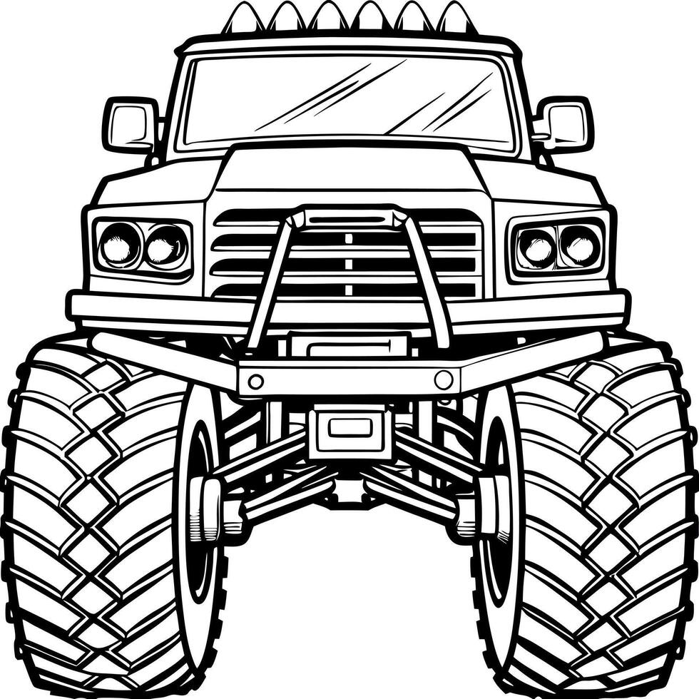 a bold right outline of a monster truck showing off massive tires with deep tread and raised vector