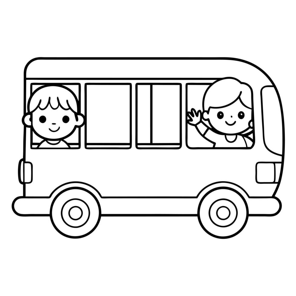 side view of cute kids in school bus, illustration line art vector