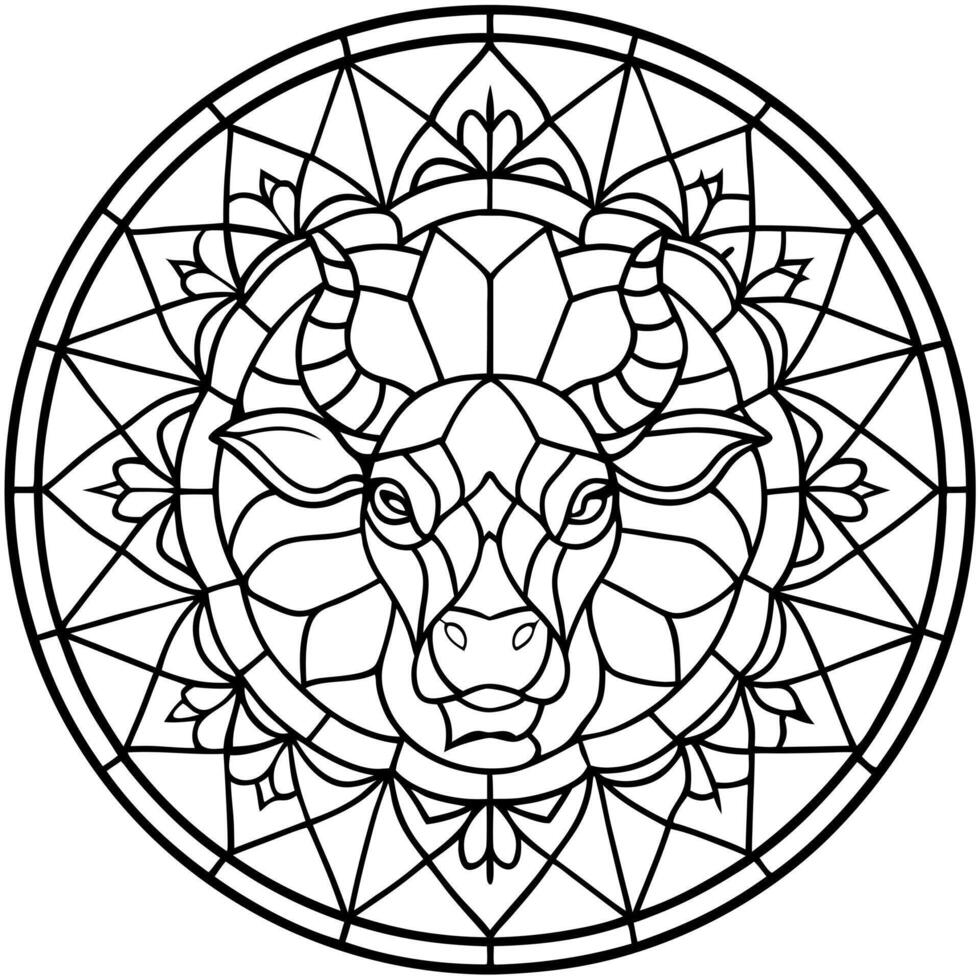 detalled stained glass rose window, toro, illustration line art vector