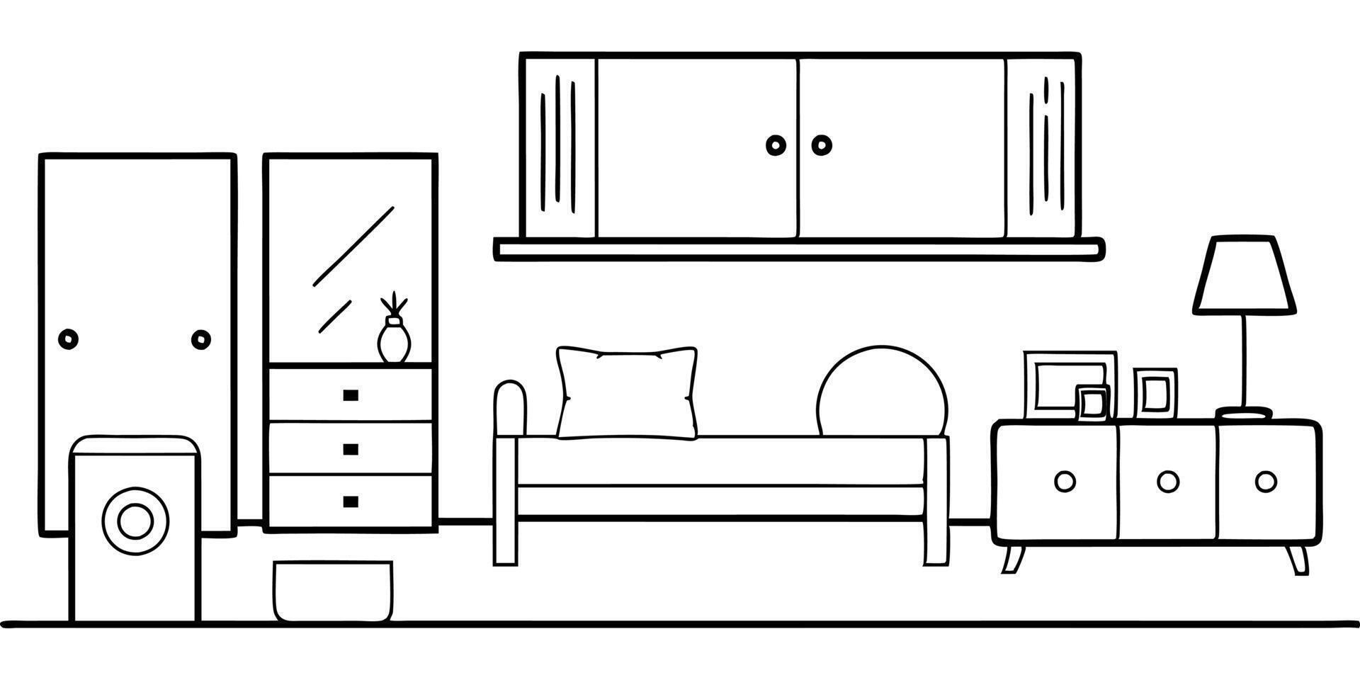 a big bed room with different furniture, illustration line art vector