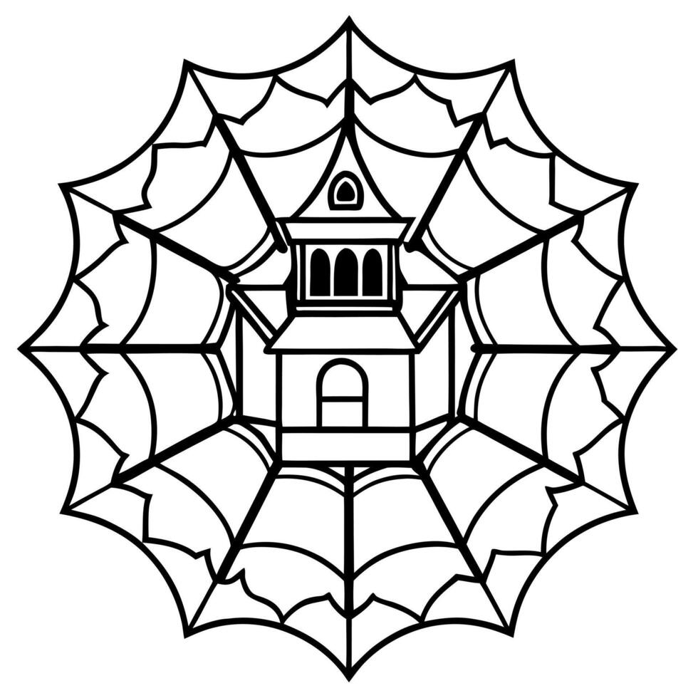 haunted house with broken windows and spider webs mandala, illustration line art vector