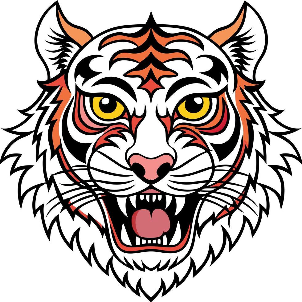 tiger head japanese tattoo style, bold line, detail line, simplify color, sharp line, full body, 3d vector