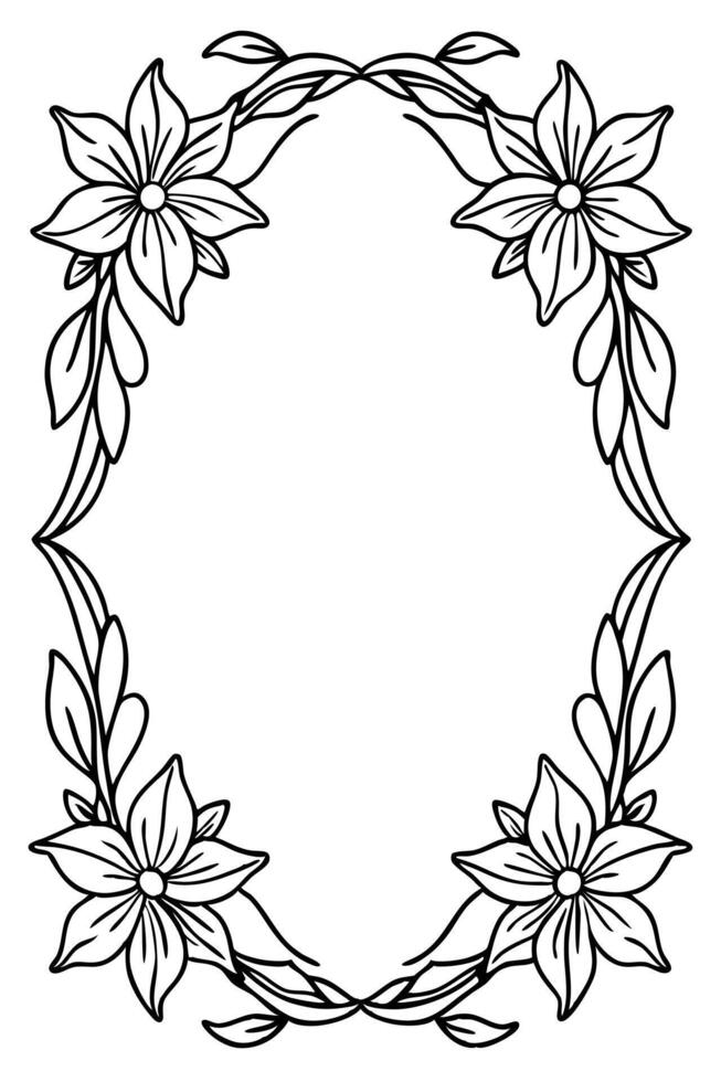 outline floral border frame, black and white, minimalist, illustration line art vector
