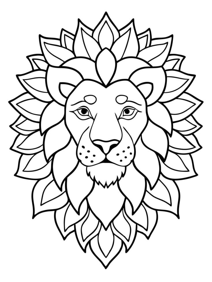 lion head in mandala, boldline art, coloring book, illustration line art vector