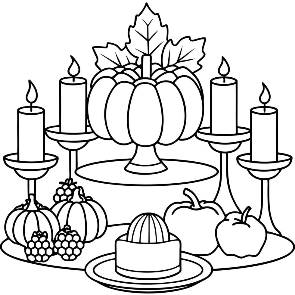a festive table setting with autumnal decor for thanksgiving day, illustration line art vector