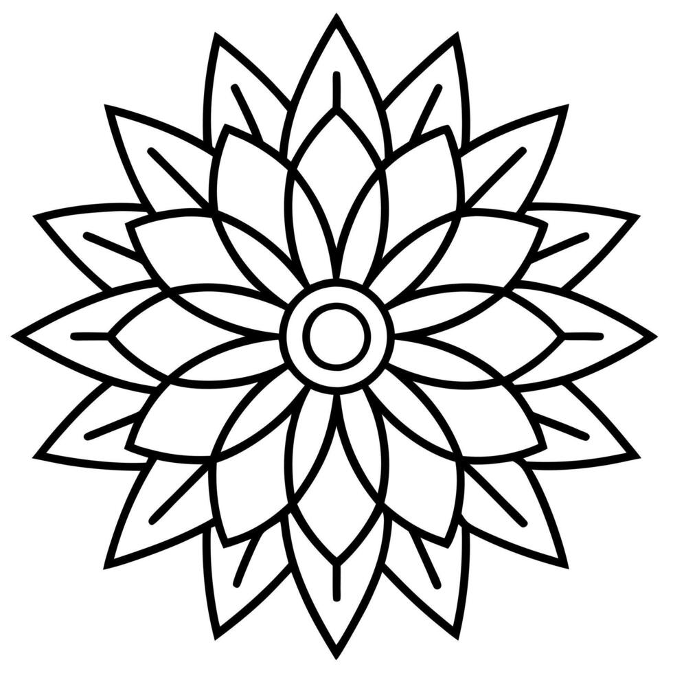 bold line art, a circular mandala with a daisy at the center and geometric patterns radiating vector