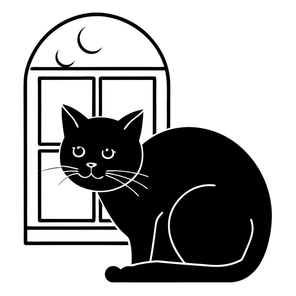 a cute black cat curled up on a windowsill, with a full moon glowing outside, illustration vector