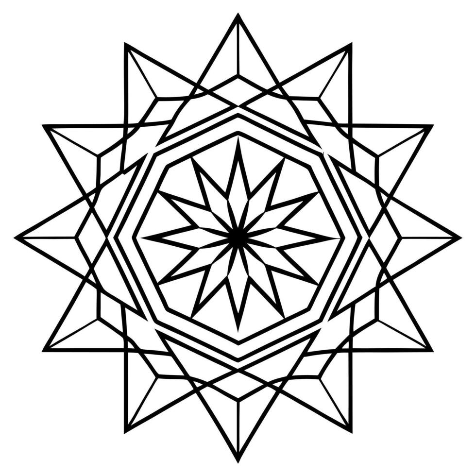 a precise geometric mandala with sharp, clean lines, featuring a central hexagon surrounded by vector