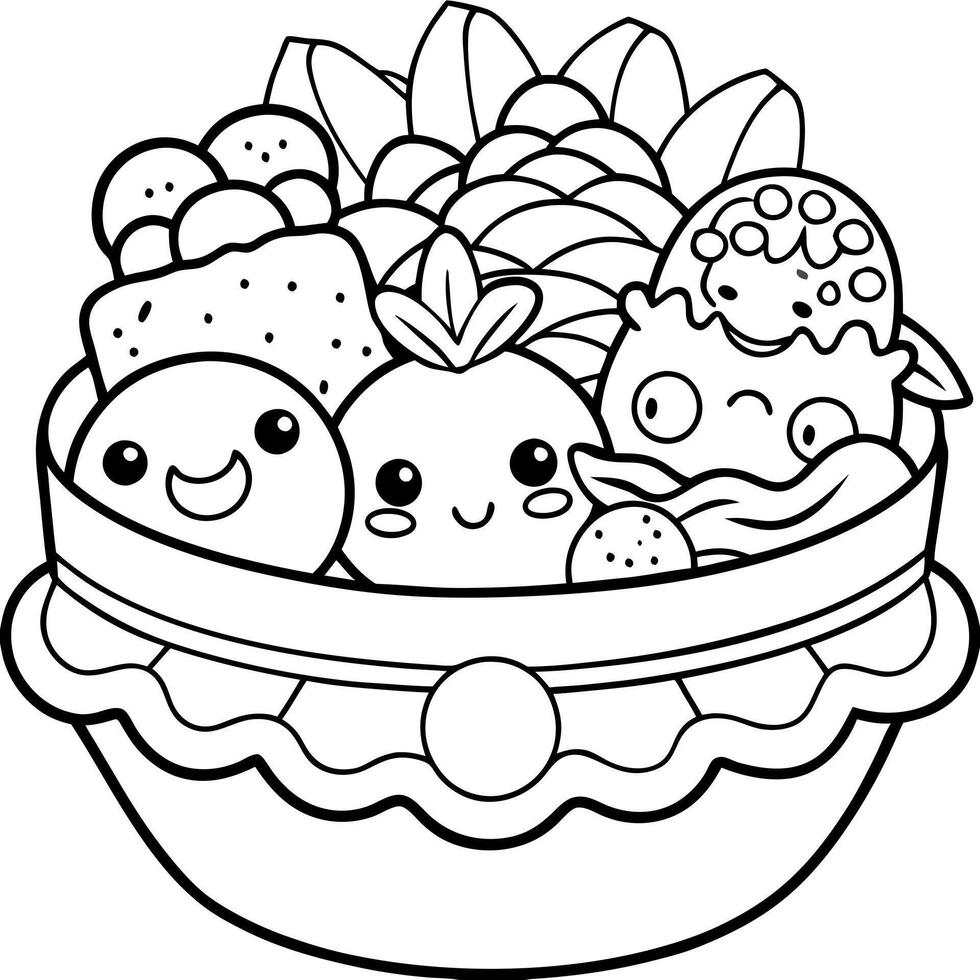 hand drawn kawaii coloring book illustration food, illustration line art vector