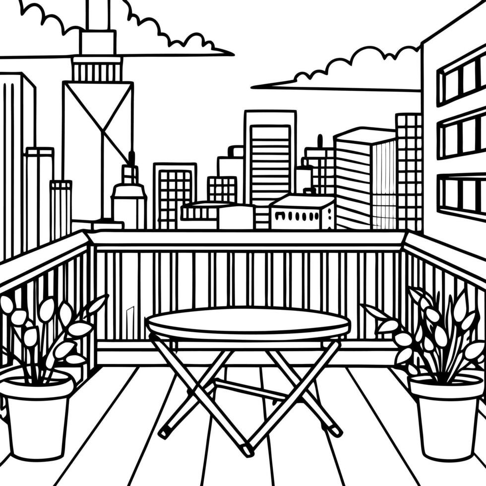 a cozy balcony overlooking a city skyline, illustration line art vector