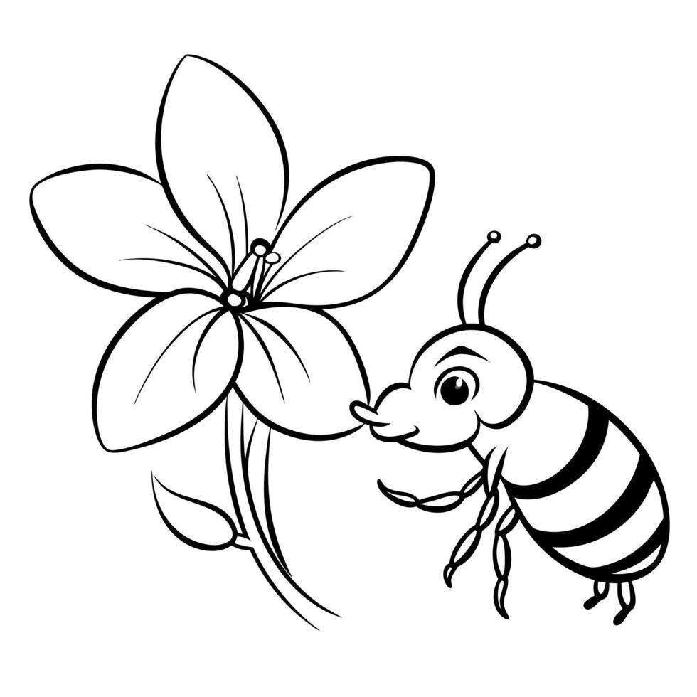 a bee is extracting honey from a plumeria flower, illustration line art vector