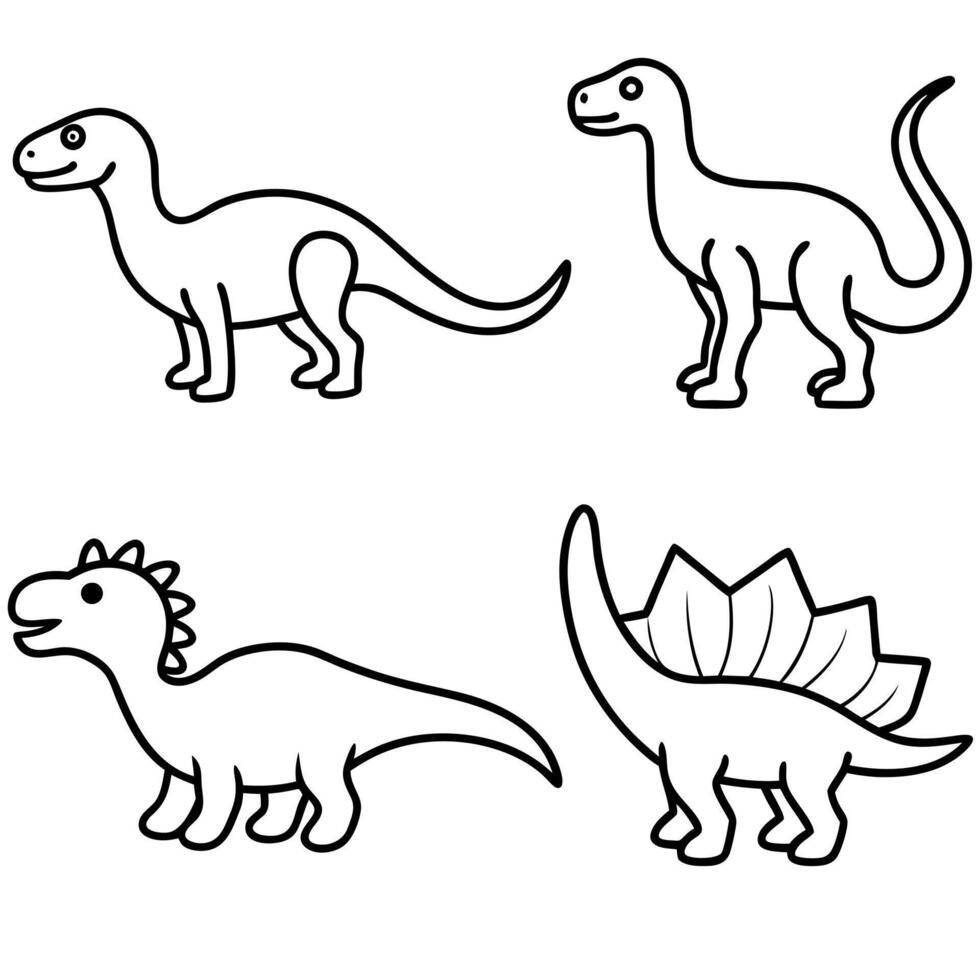 4 set of dinosaur, different style art solid white color background, illustration line art vector