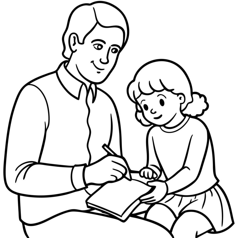 daddys writing in his notebook daughters sitting next to him, illustration line art vector