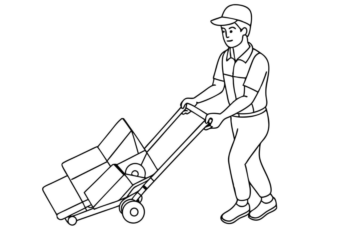 continuous single line drawing of parcel carrier or delivery driver with packages on hand truck, vector