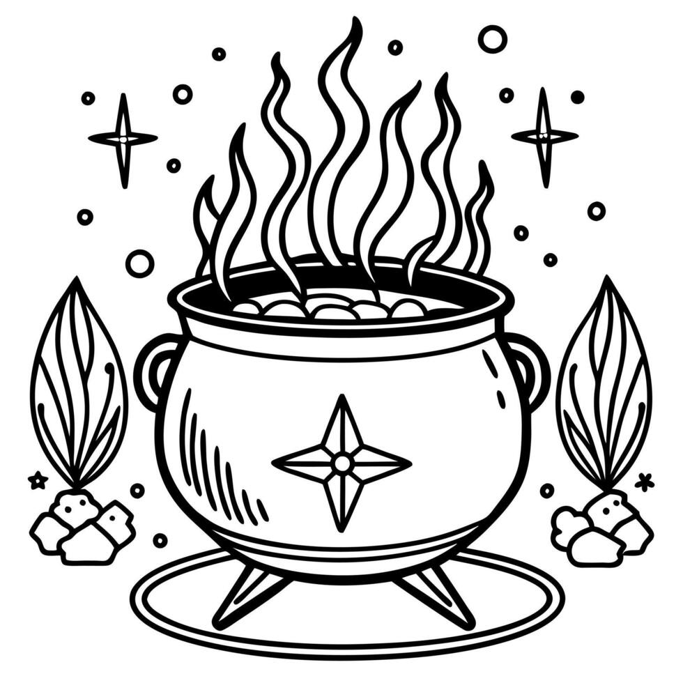 a cauldron bubbling over a fire, with glowing runes surrounding it, illustration line art vector