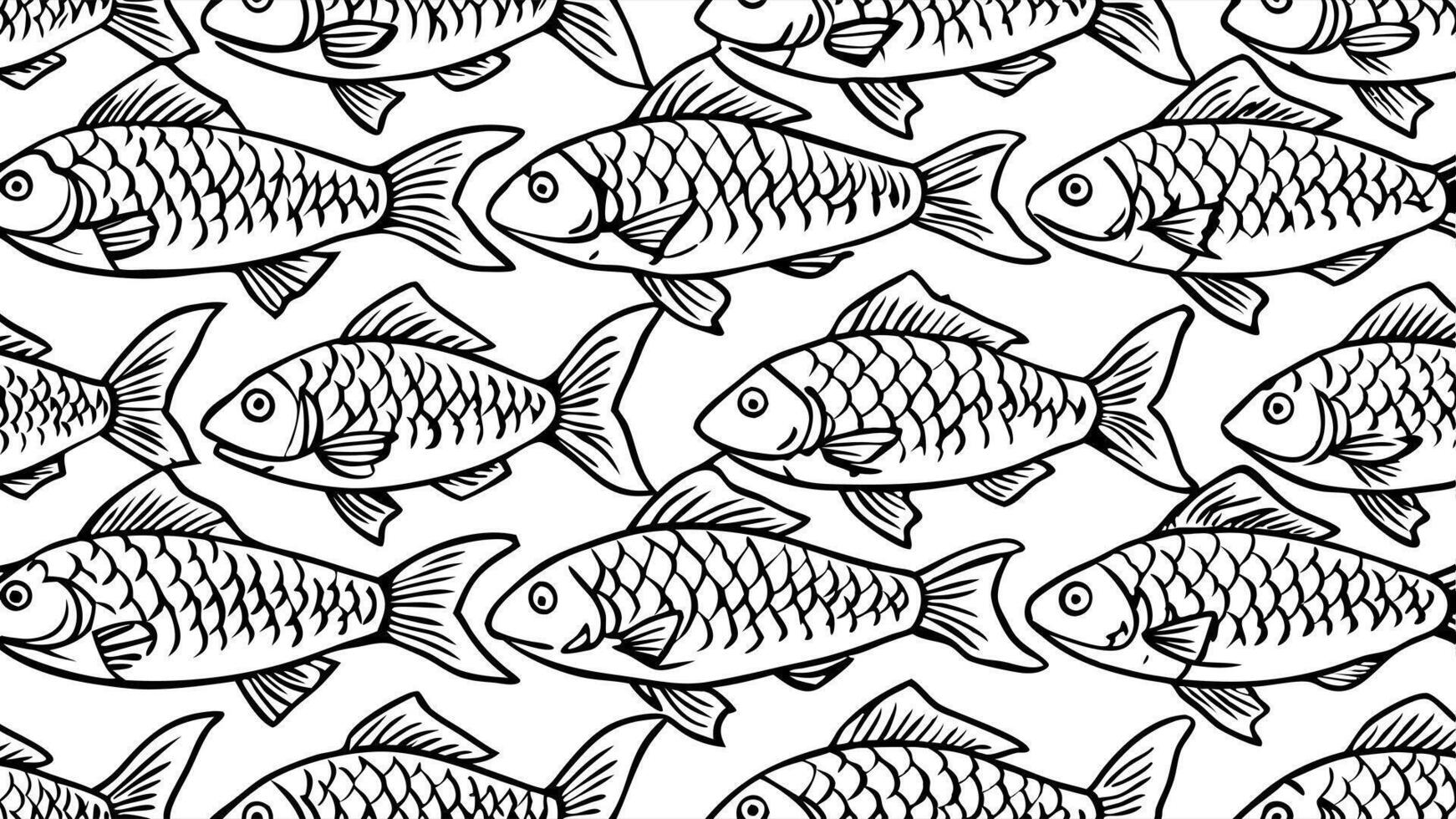black and white pattern outline hand-drawing of group fresh fish, illustration line art vector