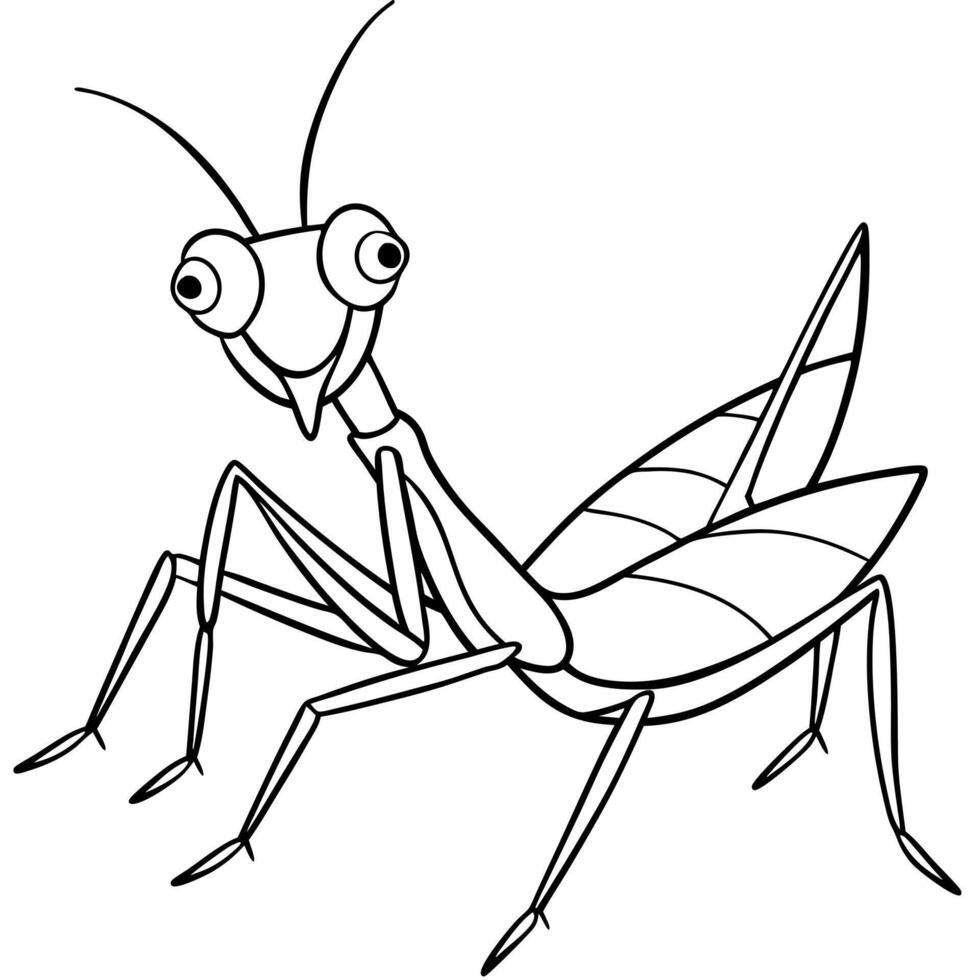 a praying mantis with a playful pose, sitting on a branch, illustration line art vector