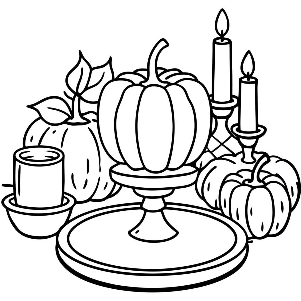 autumn table setting with pumpkins and candles fall home decoration, illustration line art vector