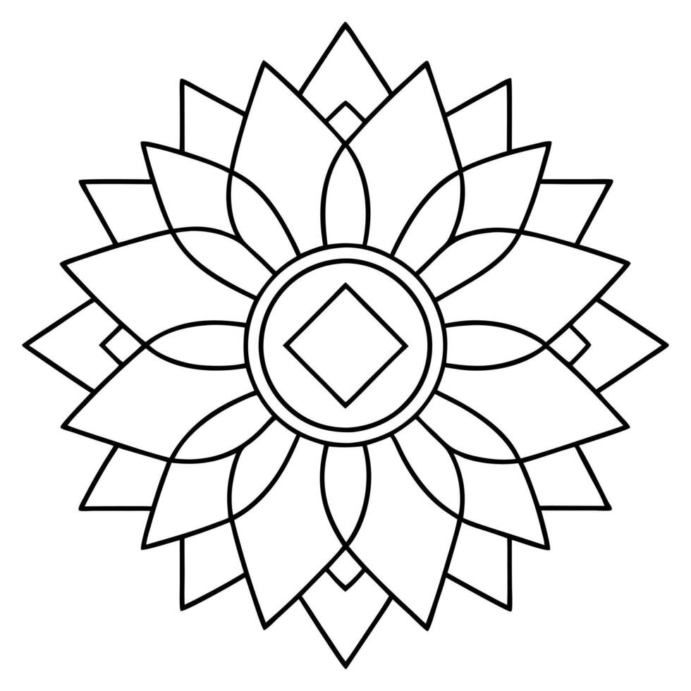 coloring pages for kids, bold line art, a sunflower mandala with square shapes and geometric lines, vector