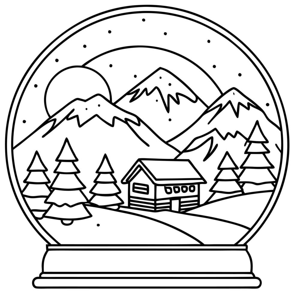 a snow globe featuring a snowy mountain and a ski lodge, illustration line art vector