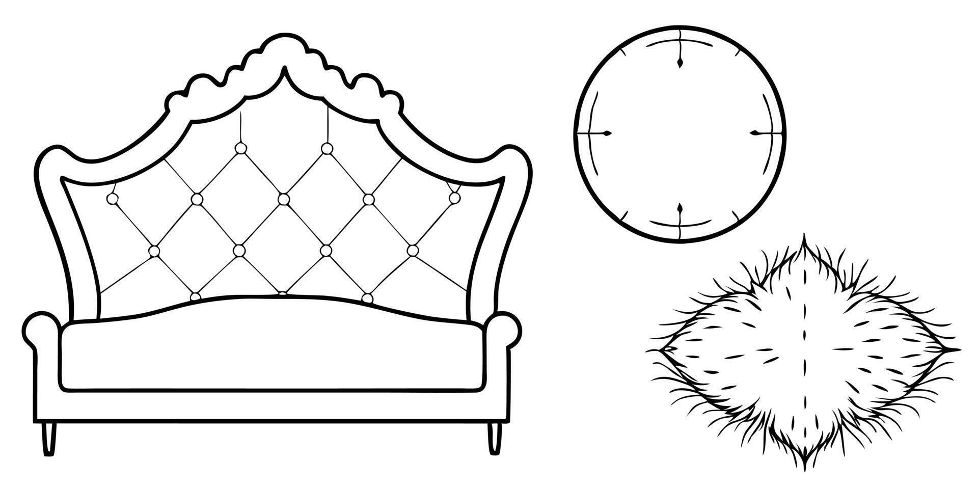 a tufted velvet headboard, a crystal chandelier, a faux fur rug, and a gold accent mirror, vector