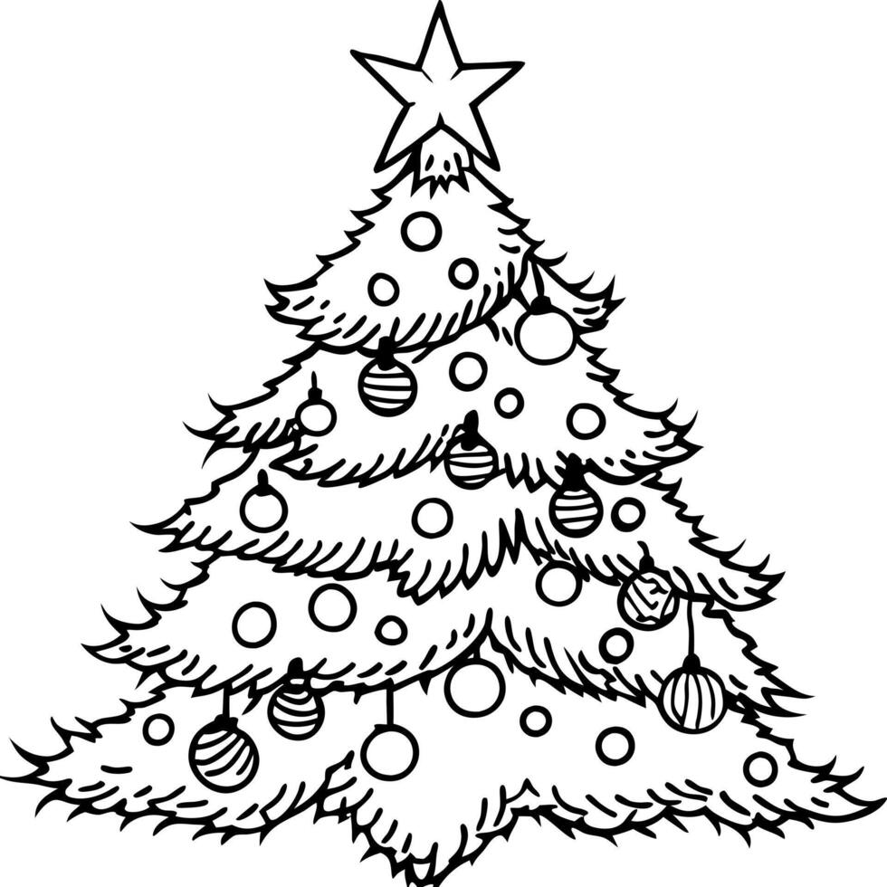 a christmas tree with tinsel, baubles, and a big star, illustration line art vector