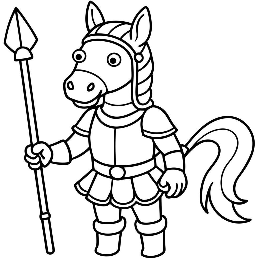 realistic cute horse in a knights armor with a lance, illustration line art vector