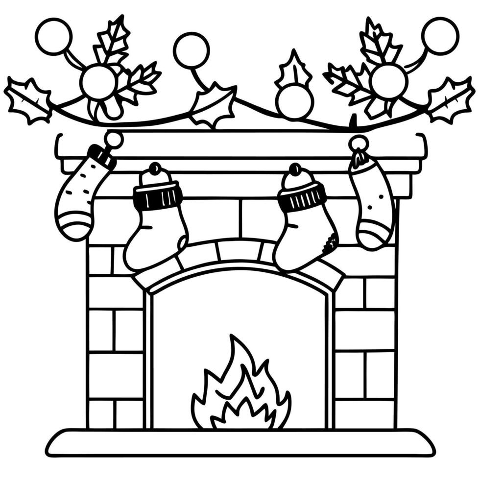 a cozy fireplace with stockings and garland, illustration line art vector