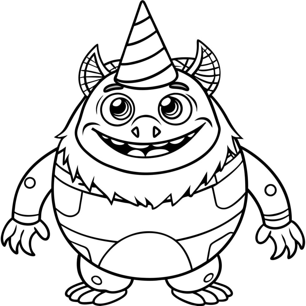a chubby monster wearing a party hat, illustration line art vector