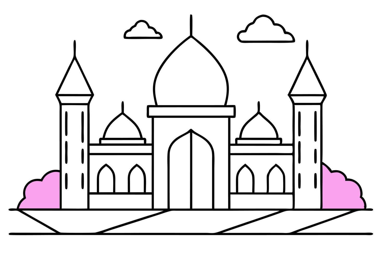 stunning cinematic view of a mosque fully made with pink crystal glass by a calm and clear water vector