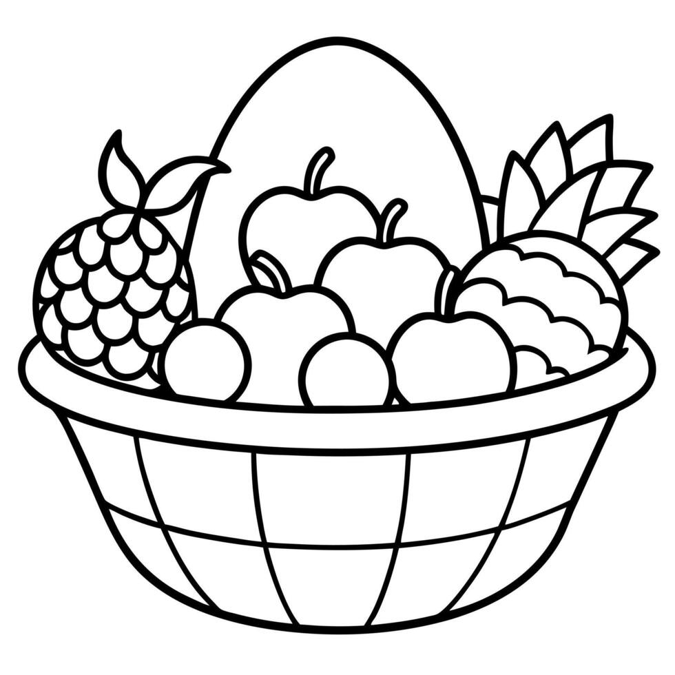 a basket filled with seasonal fruits and nuts, illustration line art vector